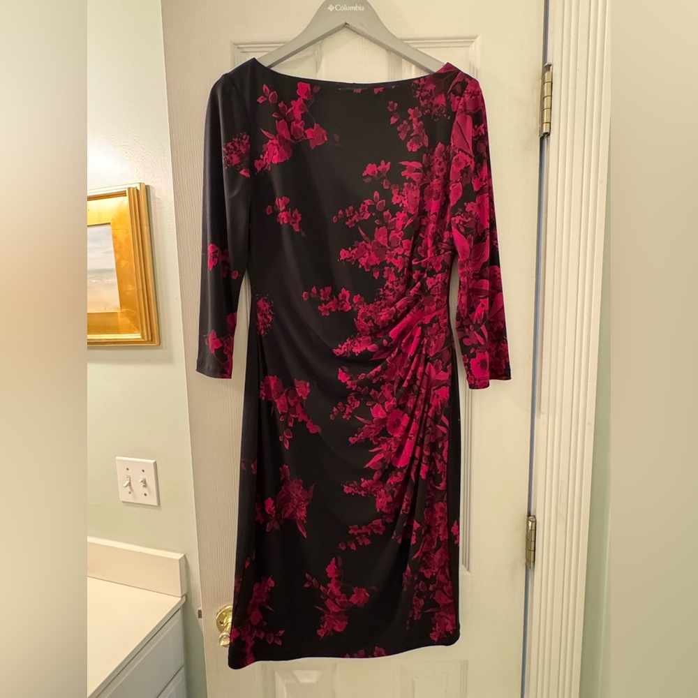 Ralph Lauren Chaps Red and Pink Ruched Sheath Dress Bateau Neckline, size M